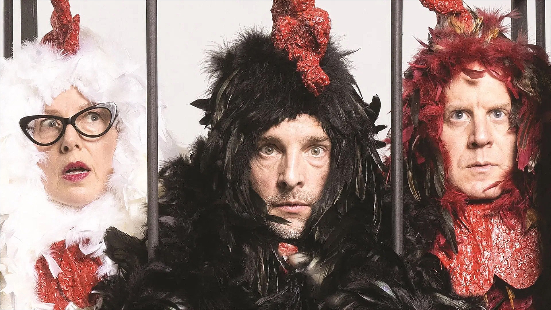 Three people are dressed as chickens locked up behind bars