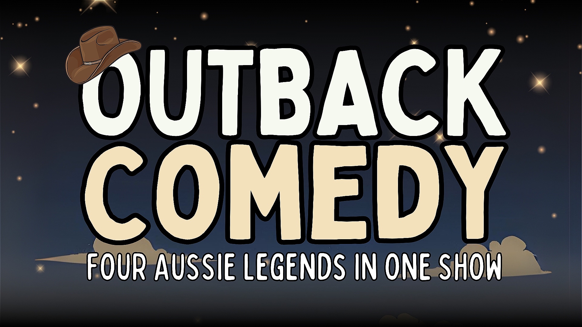 A starry night sky with the title Outback Comedy