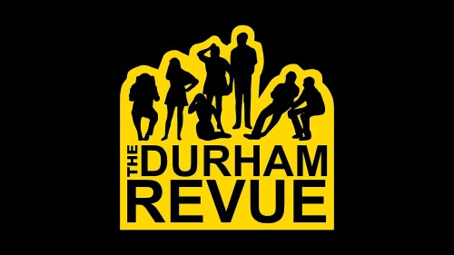 Black background with yellow Durham Revue logo showing the silhouette of a group of students