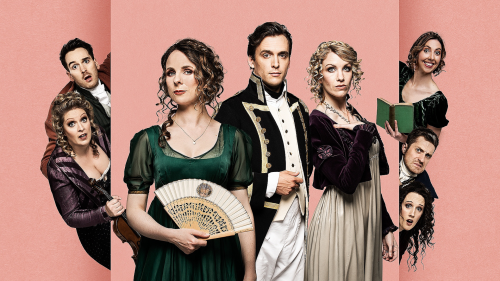 8 people in Regency costume stand and look out towards the viewer. They are holding Regency era props – a violin, a fan, a book.